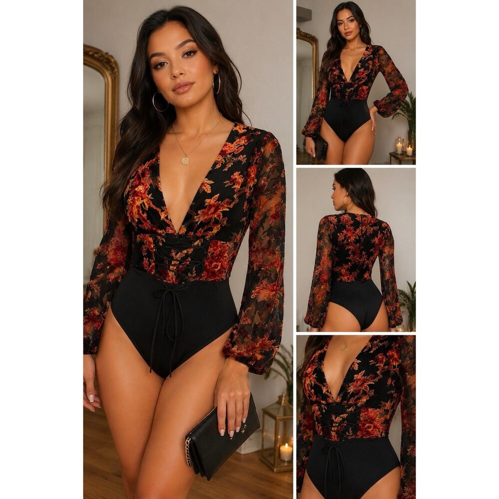 Fashion Nova Black Burnout Velvet Floral Lace Up Bodysuit Long Sleeve Size S